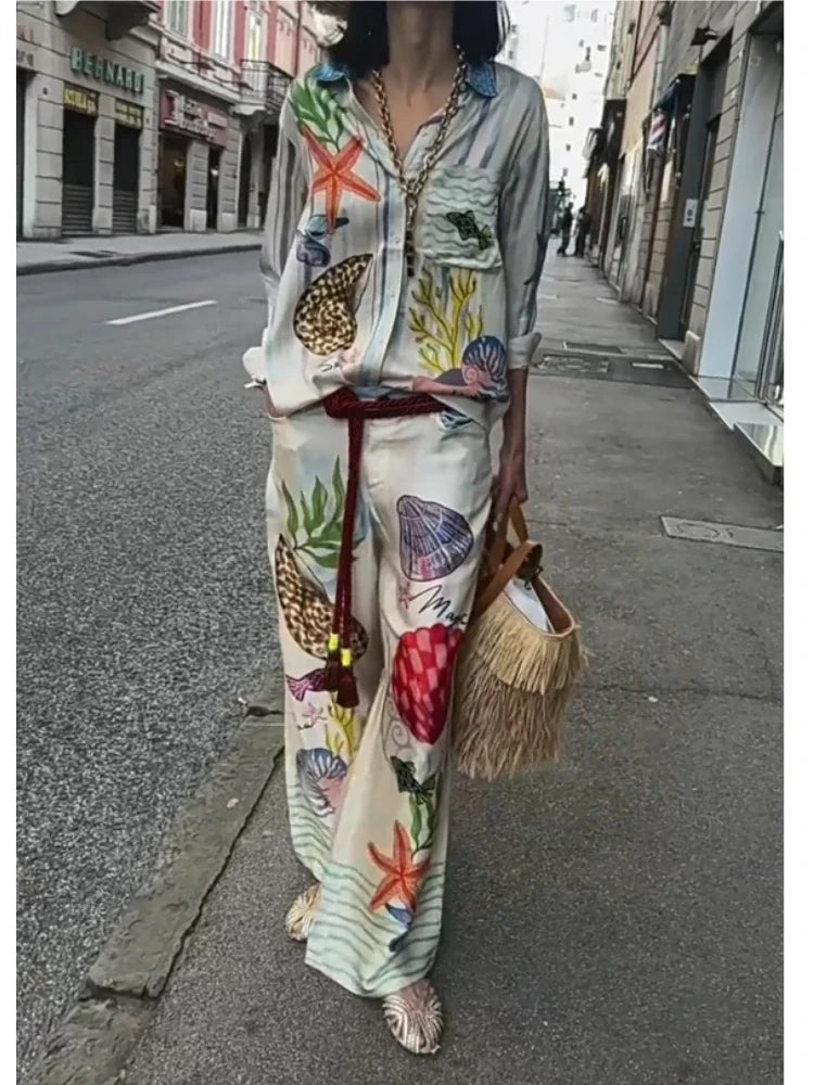 Bohemian Satin Print Two Piece Set for Women with Casual Long Sleeve Shirt and Wide Leg Pants Perfect for Summer Beach Outfits