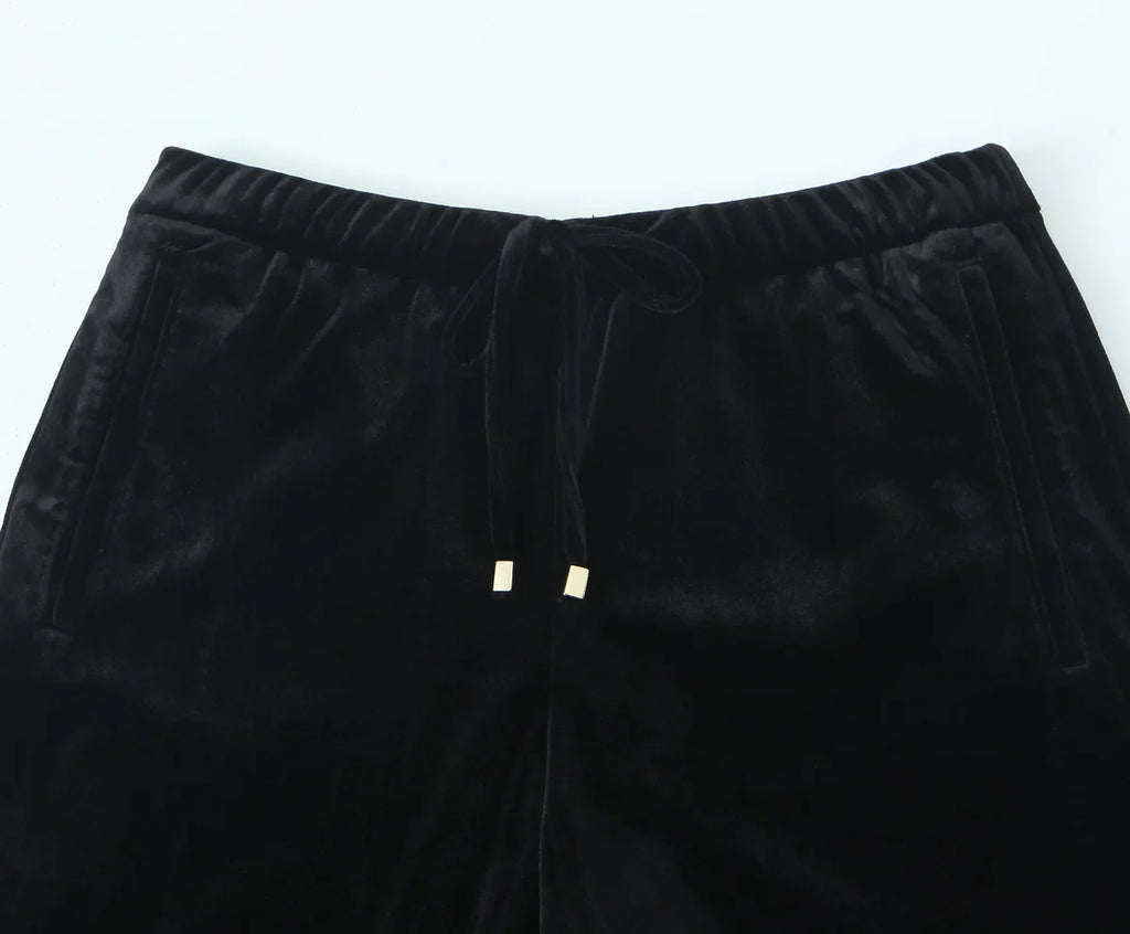 Women's Fashion Velvet Trouser Set with Wide Leg Pants and Long Sleeve Coat Top for Stylish Streetwear Outfit