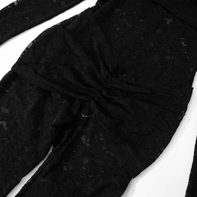 Solid Color Smocked Lace Splicing See-Through Strappy Jumpsuit Pants Sexy Nightclub Evening Party Outfit for Women