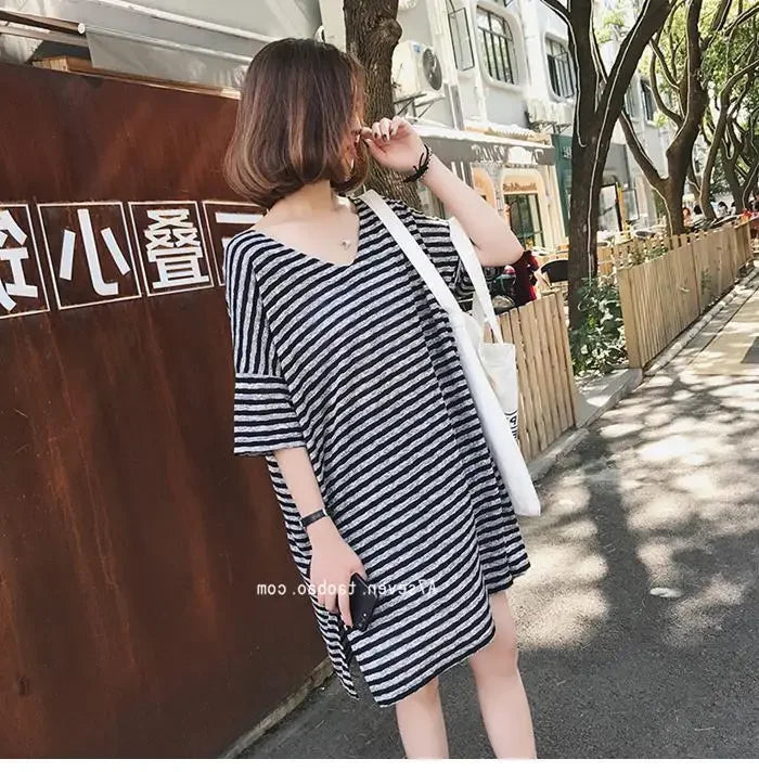 Summer Women's Striped T-Shirt Dress Loose Fit Short Sleeve Casual Tee for Home Wear
