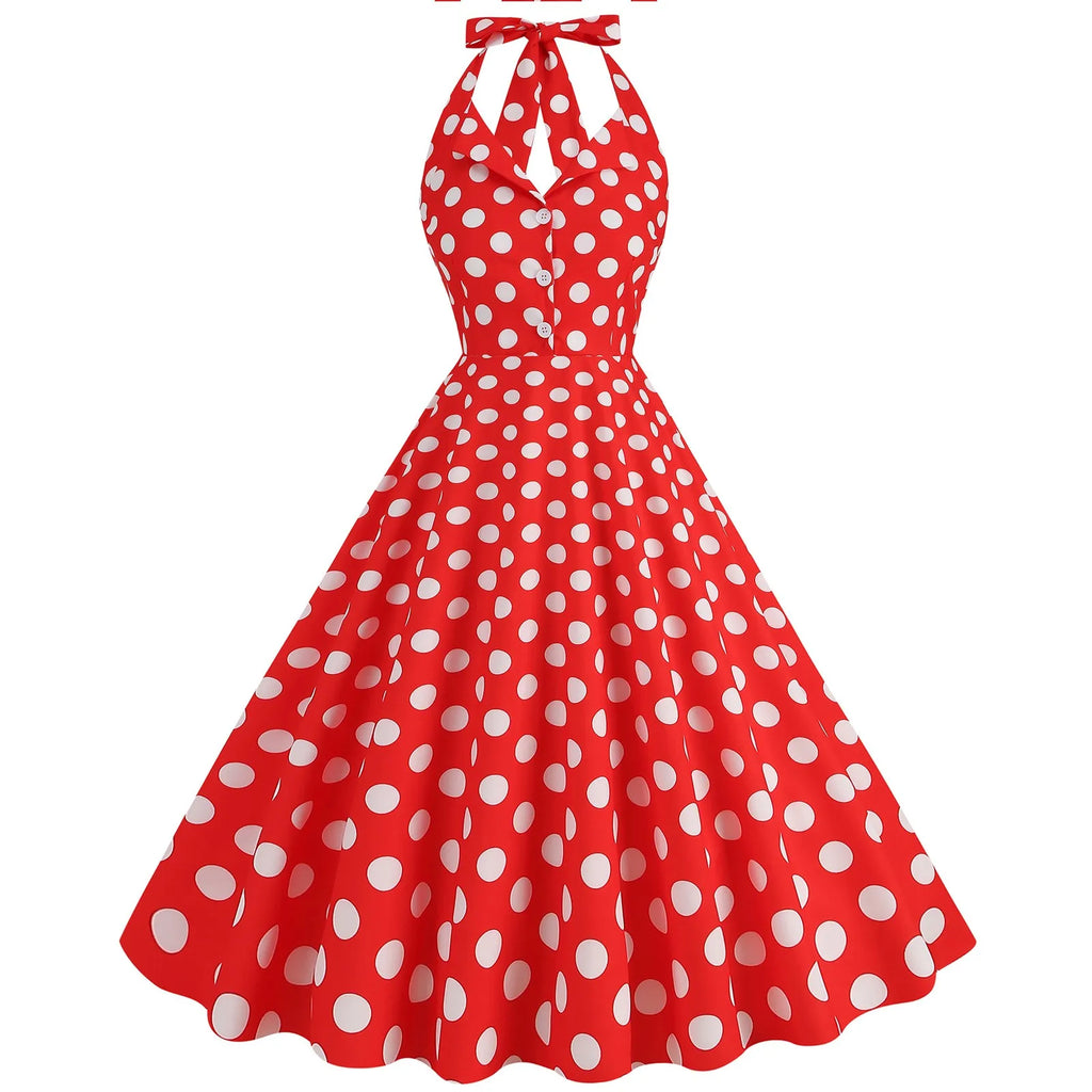 Retro Polka Dot Lace Up Backless Dress With Swing Puff