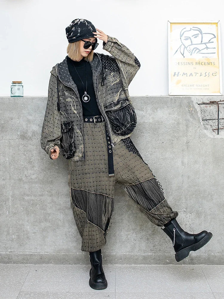 Vintage Denim Two Piece Women's Jacket and Pants Set with Hooded Coat and Casual Mesh Pants