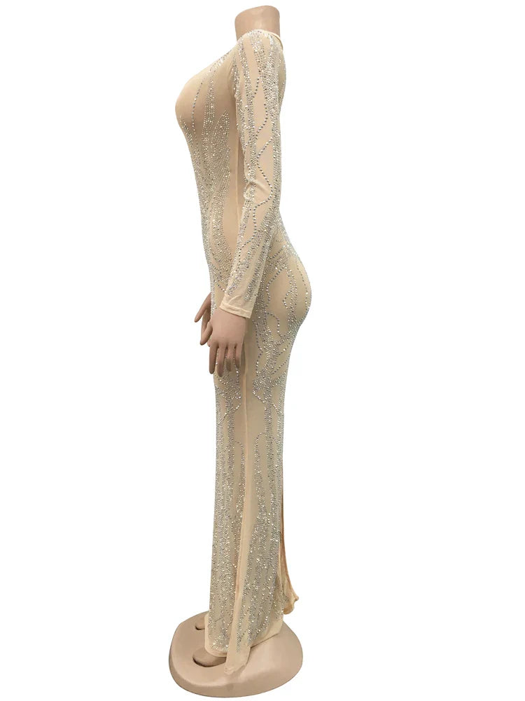 Crystal Rhinestone Gown Maxi Dress With Deep V Neckline