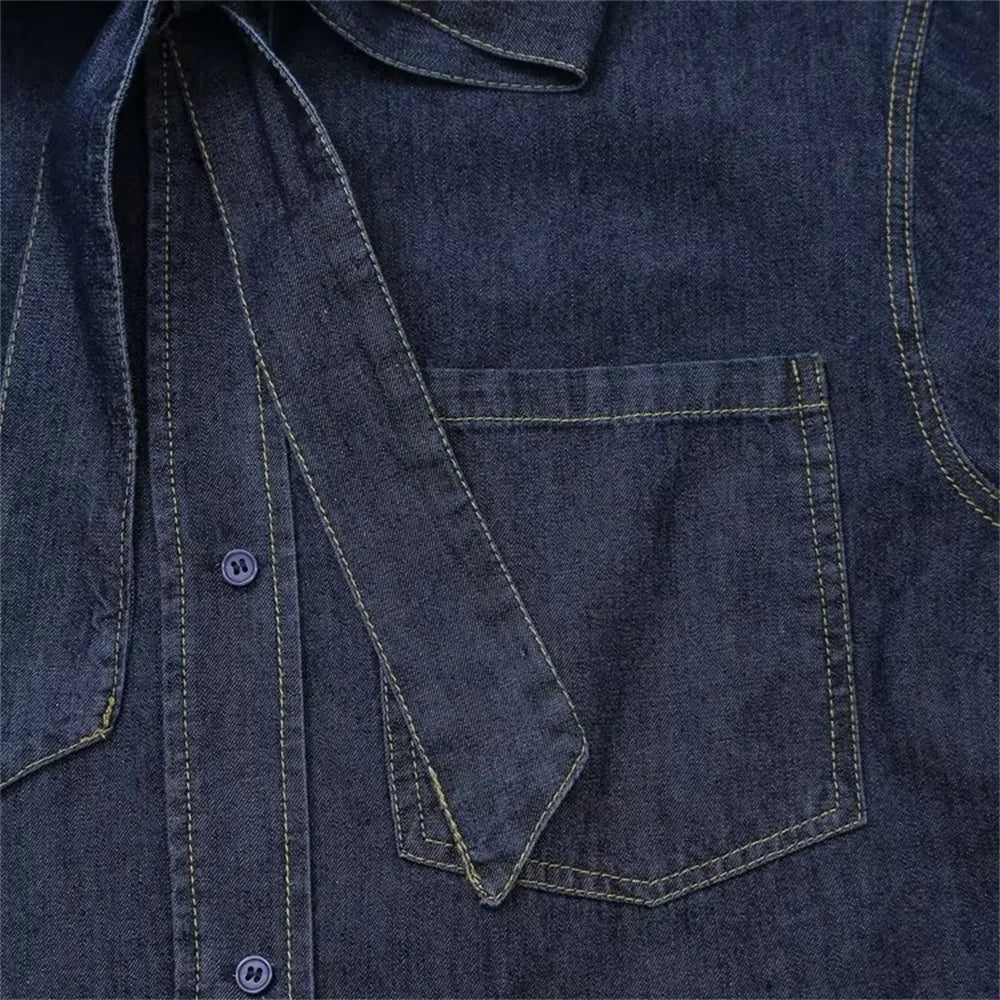 Fashionable Women's Loose Fit Denim Shirt with Color Contrast Bright Thread and Decorative Bow Detail