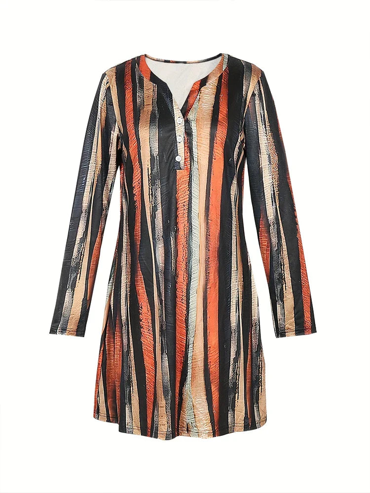 Women's Striped V-Neck Dress With Button Irregular Detail