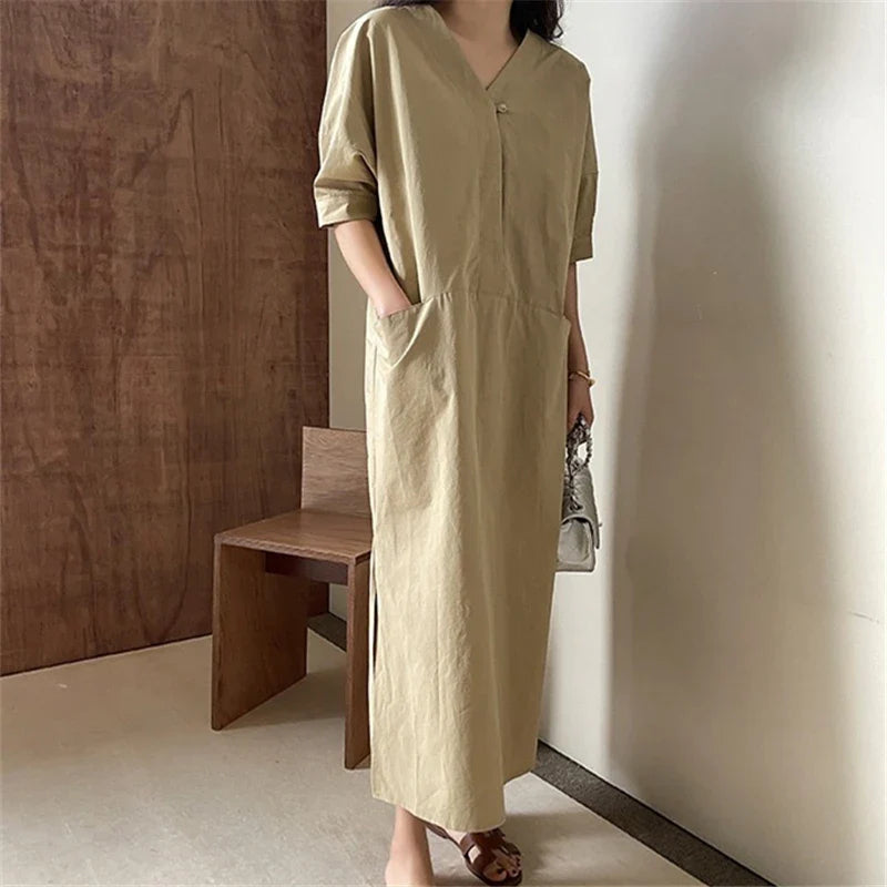 Korean Puff Sleeve Dress With Pockets High Waist V Neck