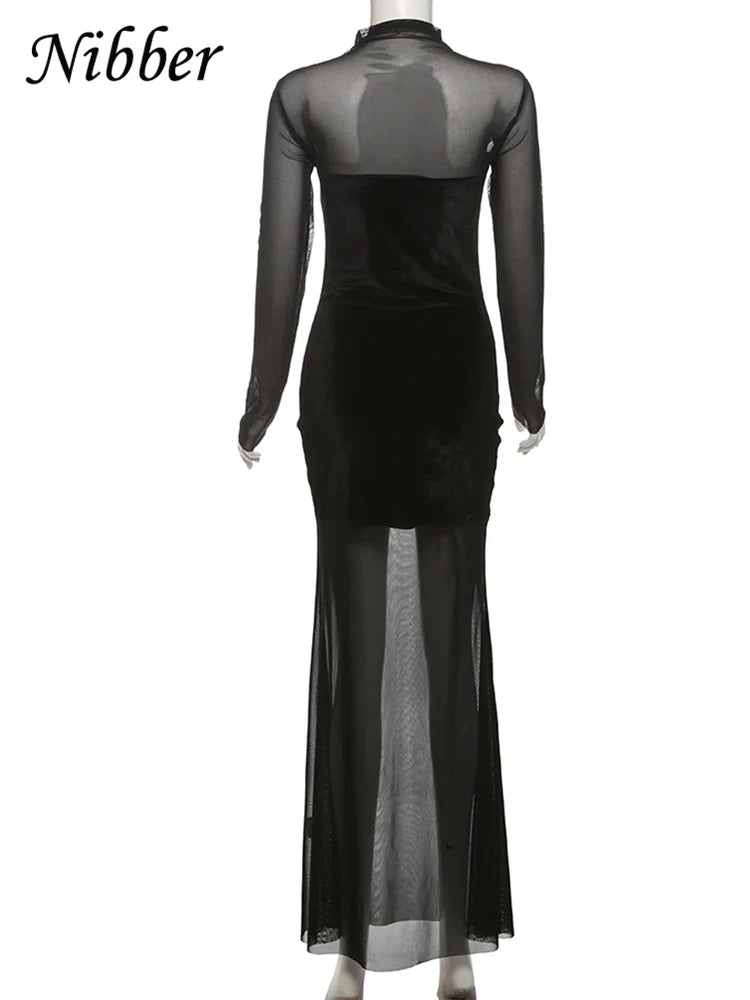 Mesh Patchwork Velvet Sheer Dress Long Sleeve Bodycon