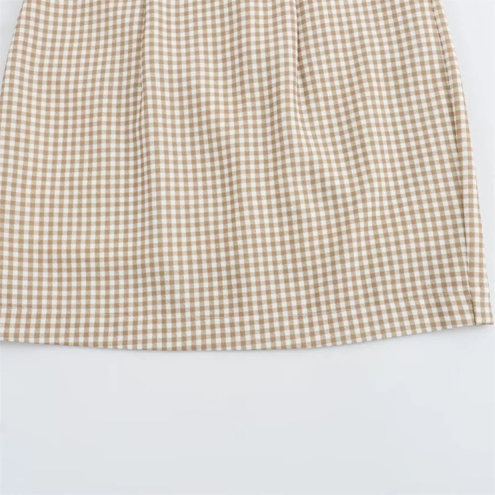 Chic Bow Checkered Dress With Hanging Neck Strap For Women