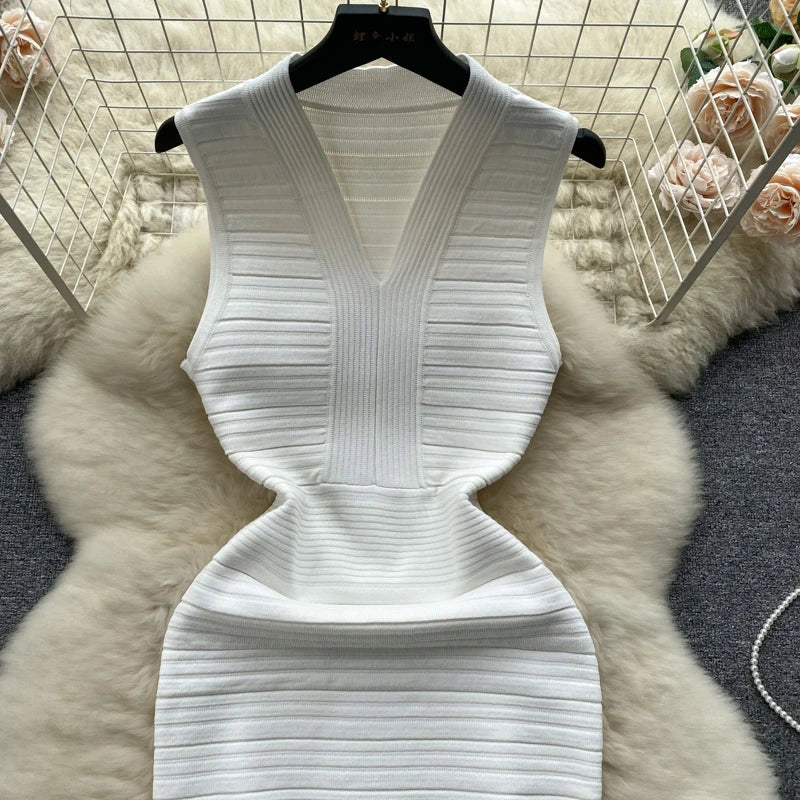 White Knit Tank Dress V Neck Sleeveless Bodycon Wrap Dress