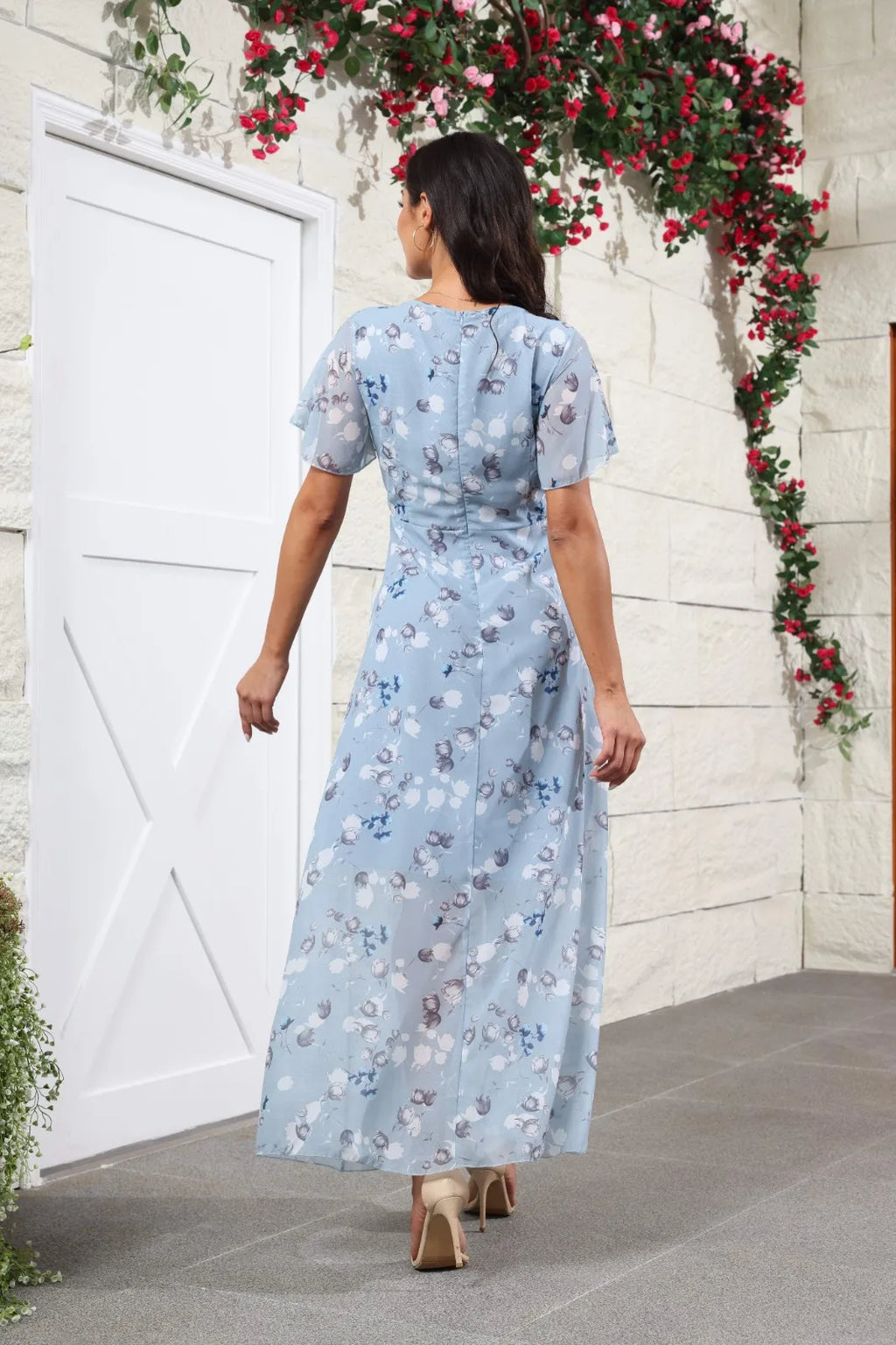 V Neck Floral Chiffon Maxi Dress With Ruffle Short Sleeves