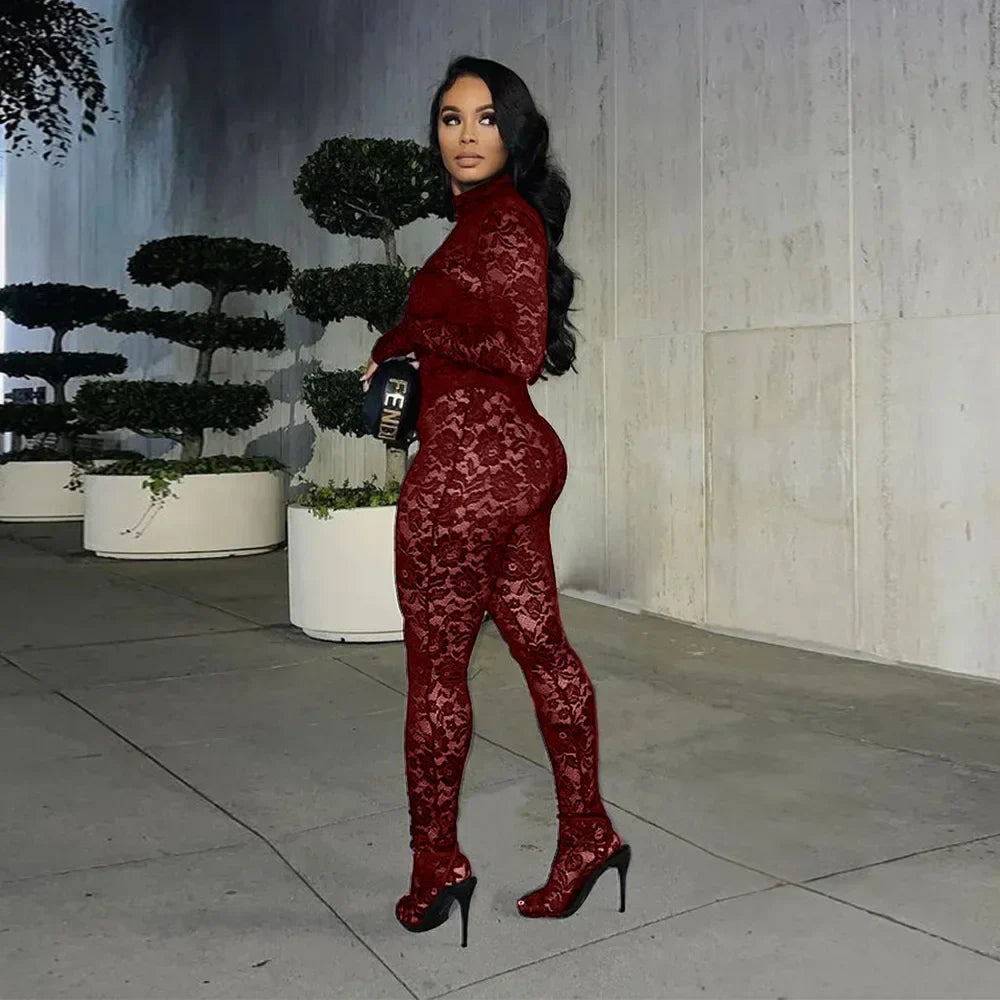 Sexy Sheer Floral Lace Jumpsuit with Overlay Skirt Stretchy Skinny One Piece Romper for Nightclub Party Women Clubwear