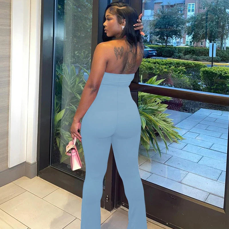 Sleeveless Halter Backless Bodycon Jumpsuit with Flare Pants Casual Rompers for Women Streetwear Festival Outfit