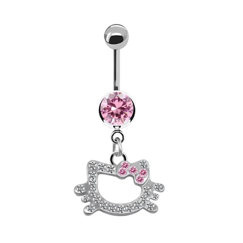 Trendy Pink Butterfly Cat Design Belly Button Ring for Women Stainless Steel Navel Piercing Jewelry
