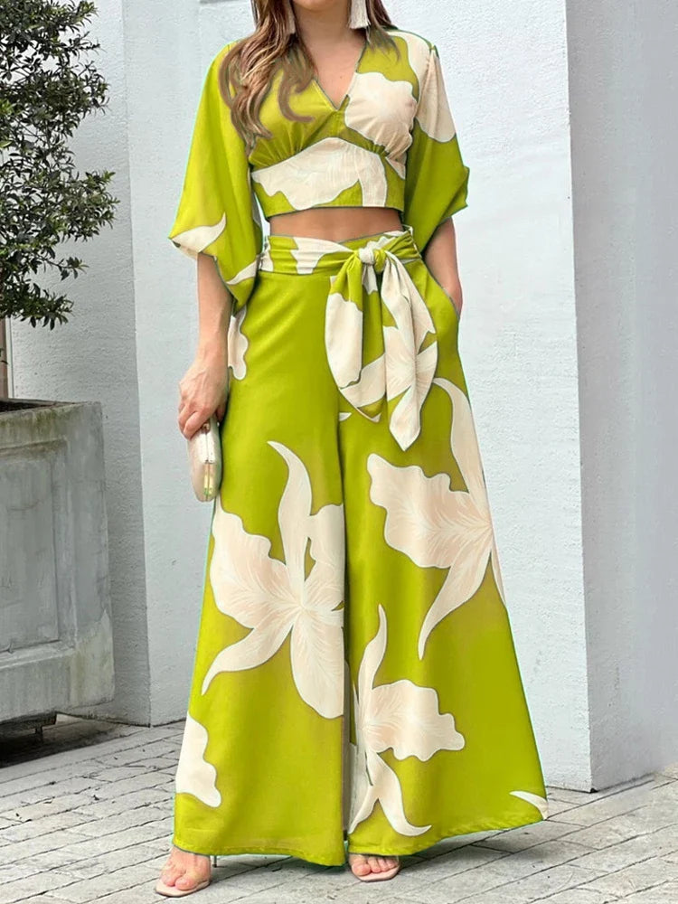 Casual Women's Two Piece Set Autumn V Neck Crop Top and High Waist Wide Leg Pants Outfit