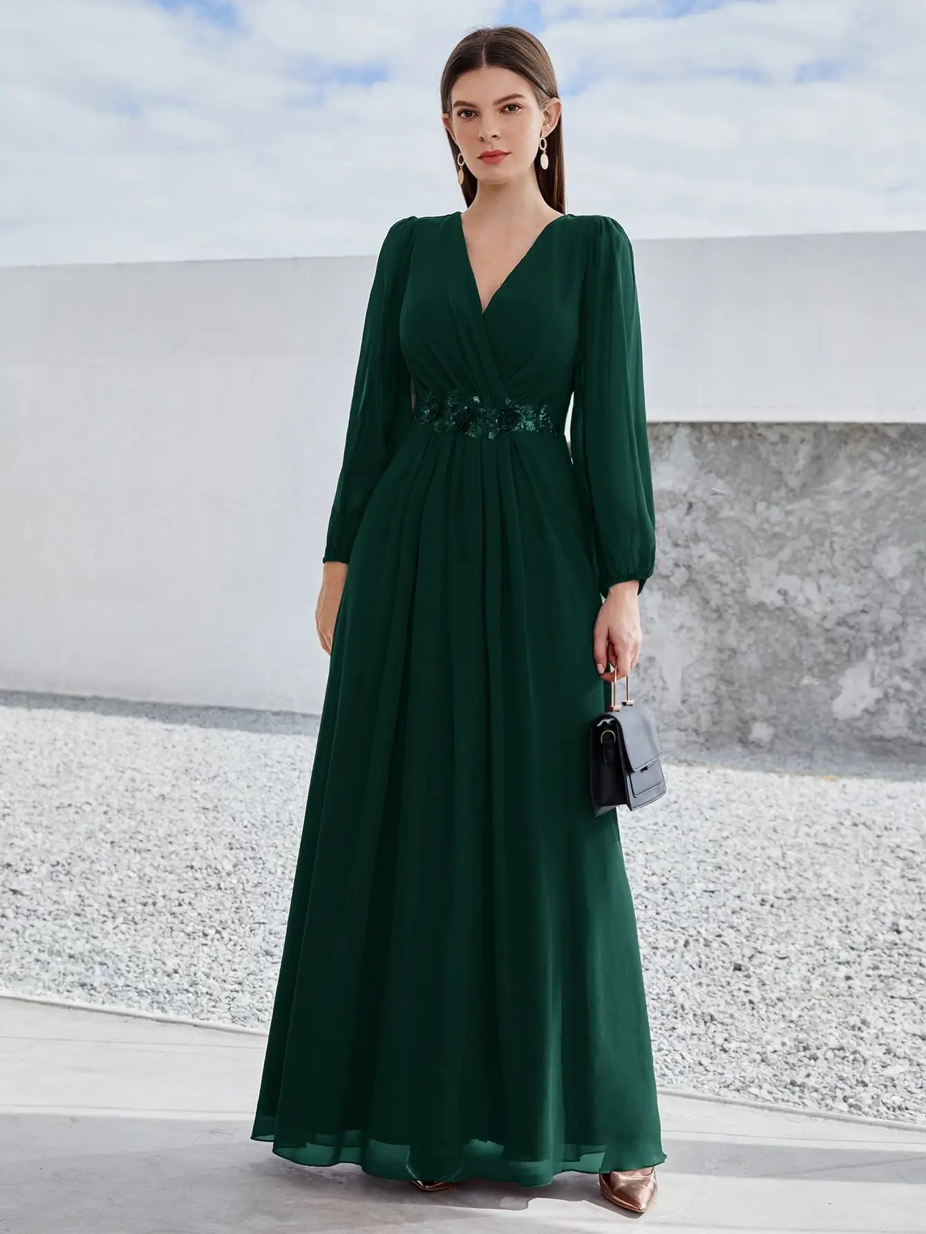 Beaded Print Chiffon V Neck Long Sleeve Evening Gown