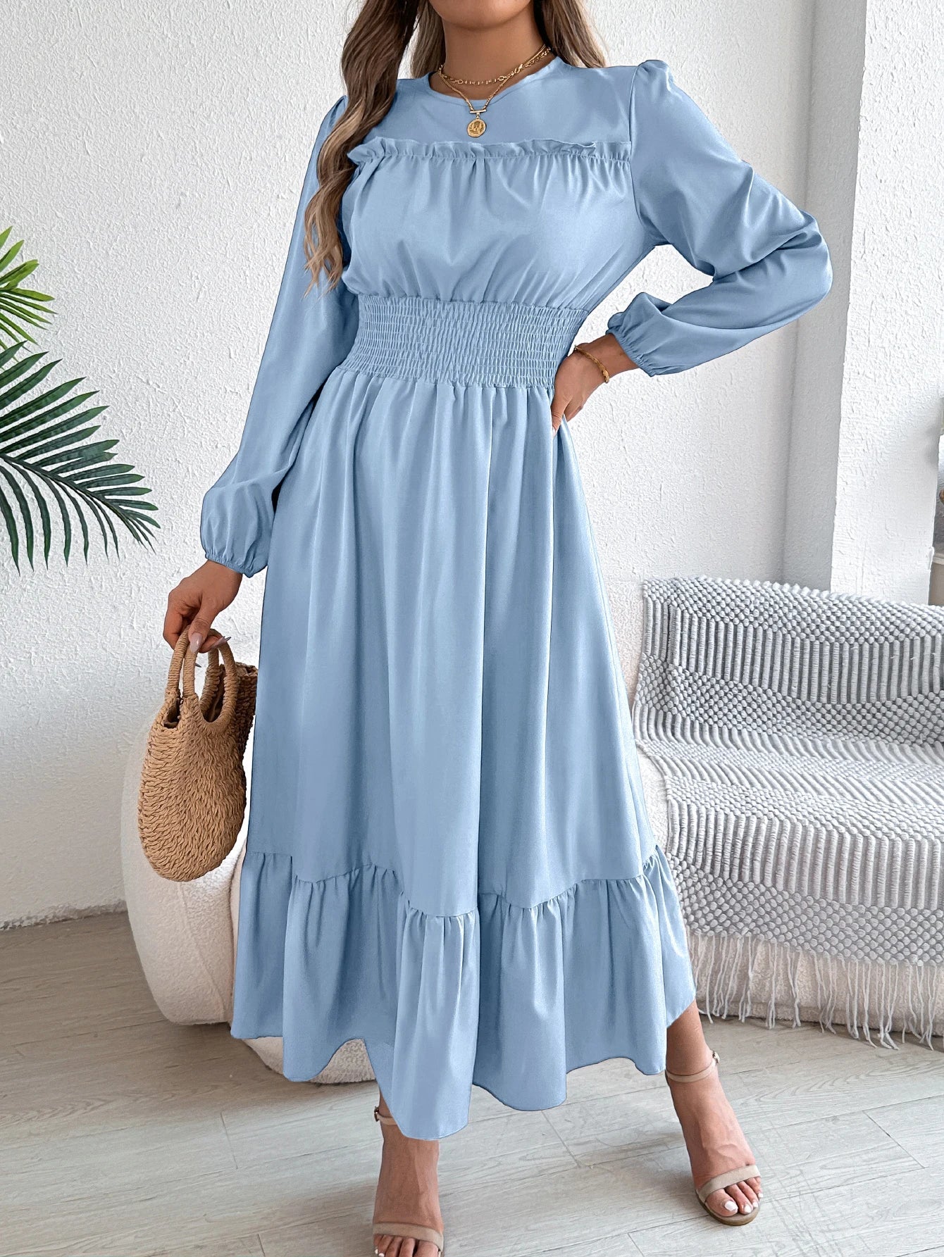 Elegant Long Sleeve Dress With Cinched Waist Solid Color