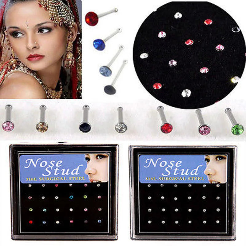 24pcs Colorful Rhinestone Nose Rings and Studs for Women with Stainless Surgical Steel Nose Piercing Jewelry