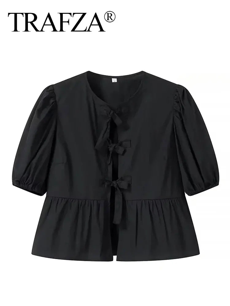 Women Bow Lace Up Puff Sleeve Blouse O Neck Sweet Casual Chic Top in White and Black