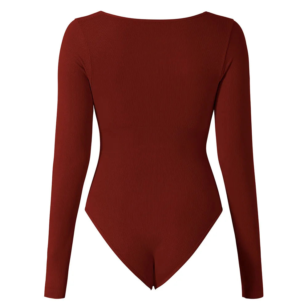 Sexy Long Sleeve Bodysuit for Women Skinny Bodycon V-Neck Push Up Romper Streetwear Jumpsuit