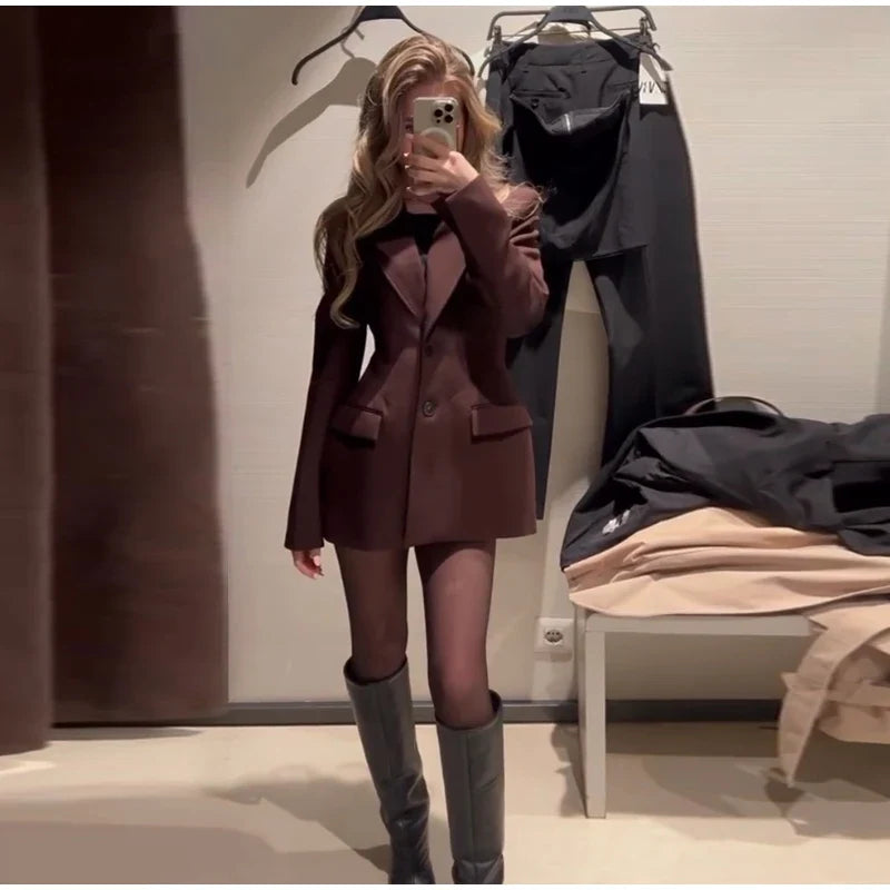 Elegant Women Blazer and Mini Skirt Set with Shoulder Pads Cinched Waist Suit Jacket and A-line Skirt Two-Piece Office Outfit