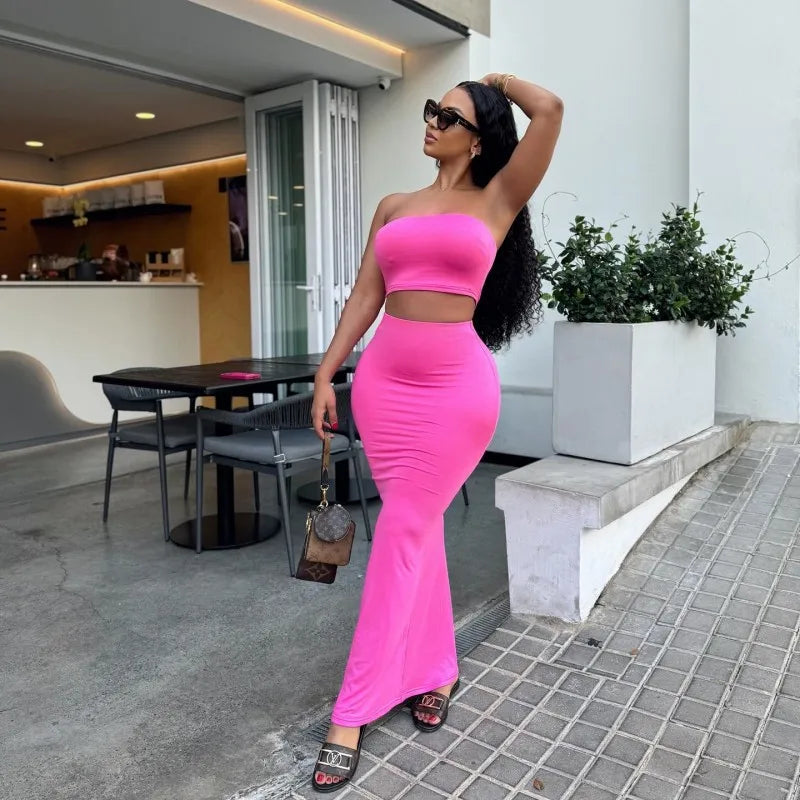 Solid Color Sleeveless Tube Top with High Waist Slim Long Skirt Set for Women Summer Chic Fashion
