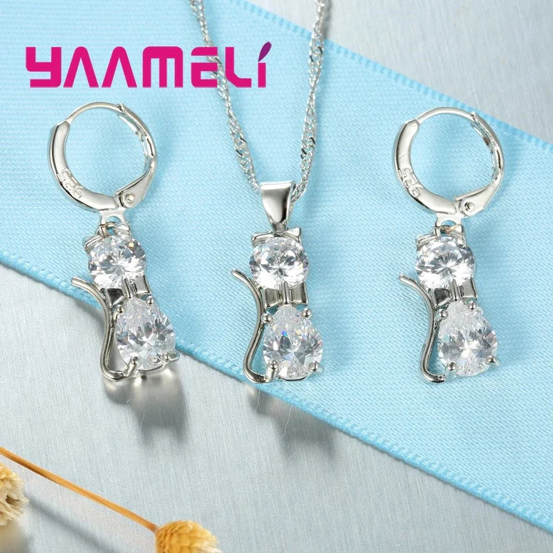 925 Sterling Silver Cat Pendant Necklace and Huggie Earring Jewelry Set with Shining Austrian Crystal for Women and Girls