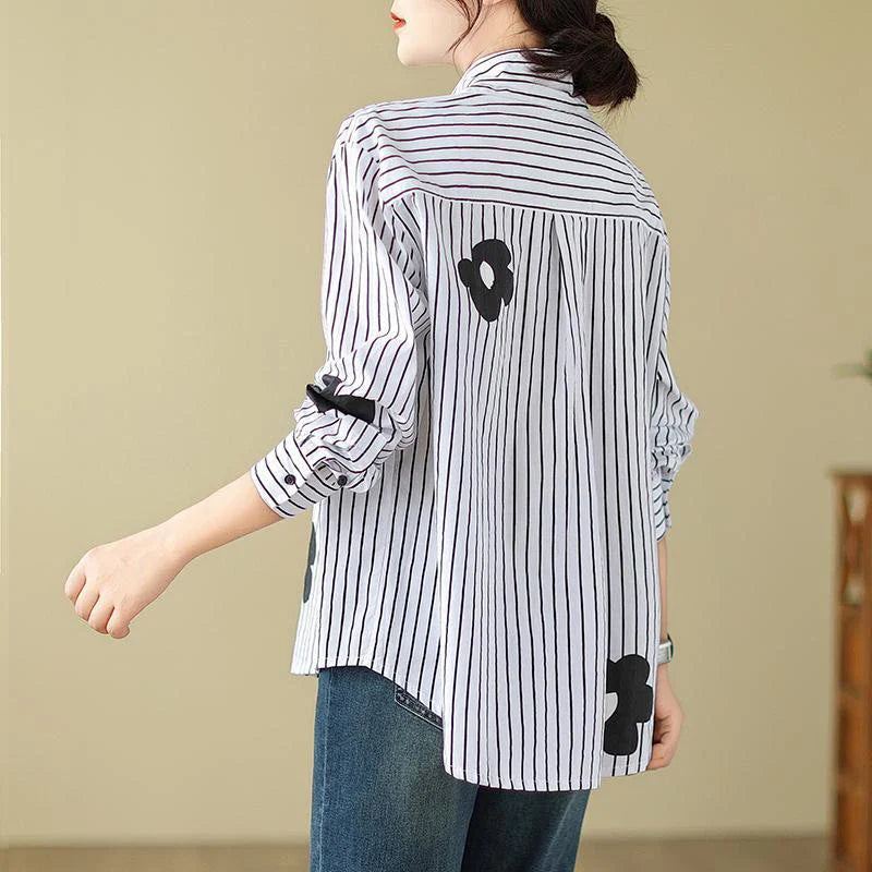 Women's Turn-Down Collar Flower Stripe Long Sleeve Loose Fit Blouse Casual Single Breasted White Vintage-Inspired Shirt Top