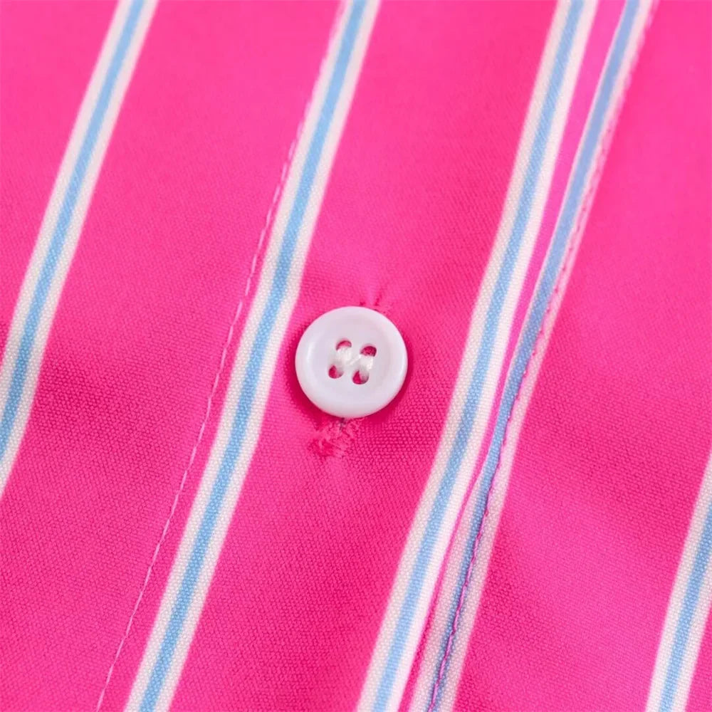 Women's Casual Loose Stripe Shirt with Versatile Patch Bag Decoration Stylish Simple Fashion Top for Everyday Wear