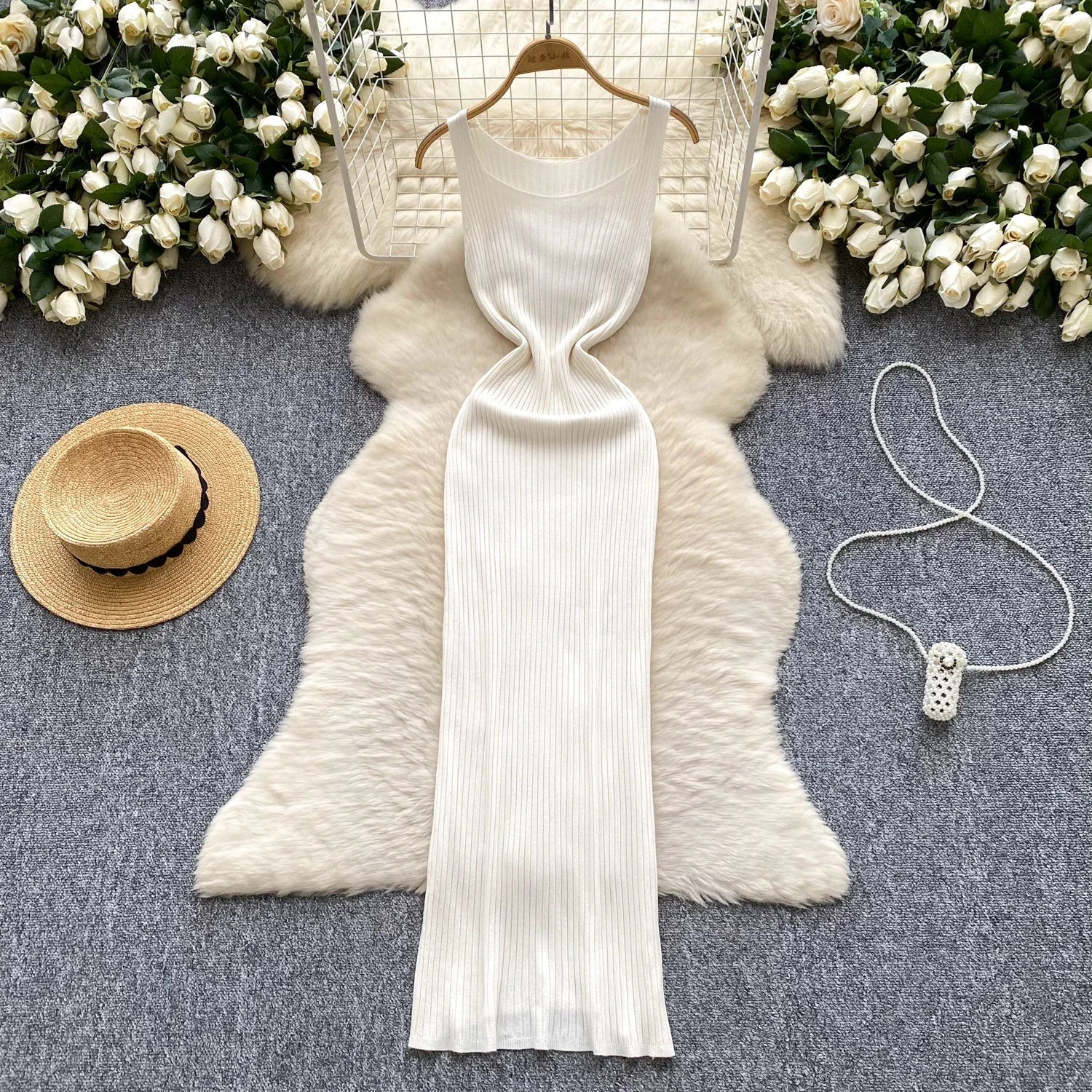 Knit Maxi Dress Women Sleeveless O Neck Bodycon Solid