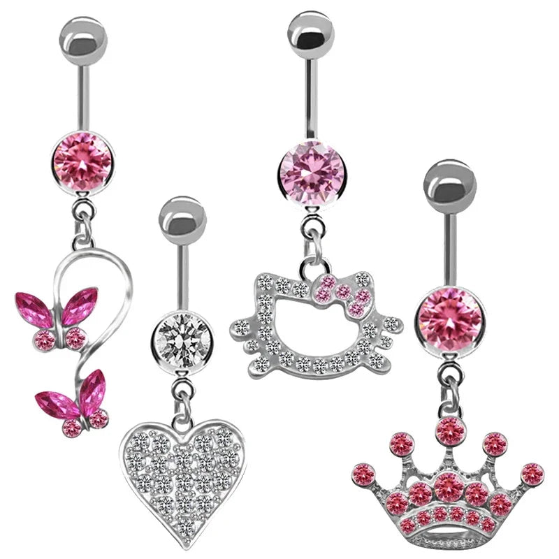 Sweet Butterfly Crown Heart Drop Belly Button Ring with Pink White Crystal Stone Dangle for Women