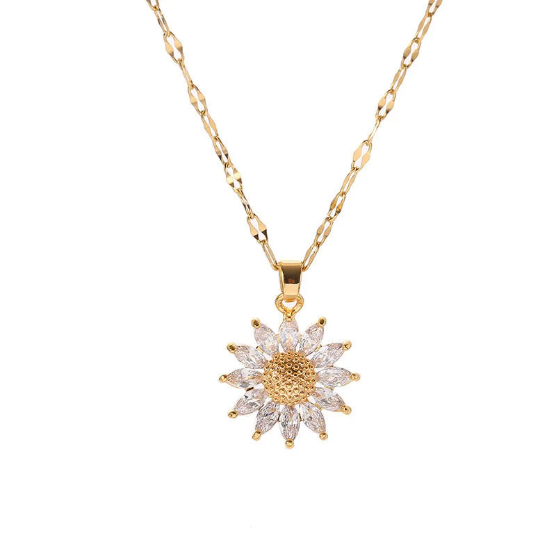 Trendy 18K Gold Plated Sunflower Stainless Steel Necklace for Women Clavicle Chain Jewelry Gift