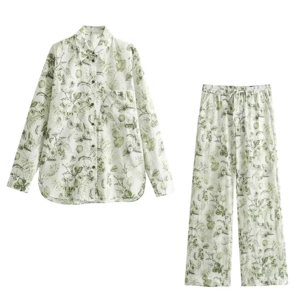 Casual Loose Printed Shirt and Wide Leg Straight Pants Set for Women Versatile Stylish Everyday Outfit