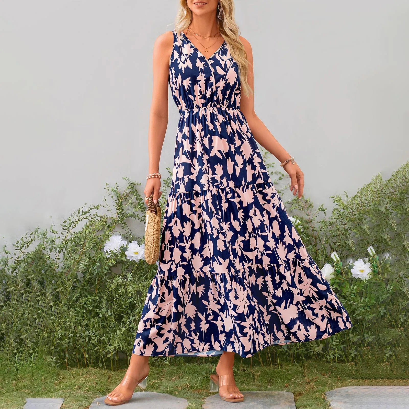 Floral Summer Dress With V Neck Suspender Flowing Fit