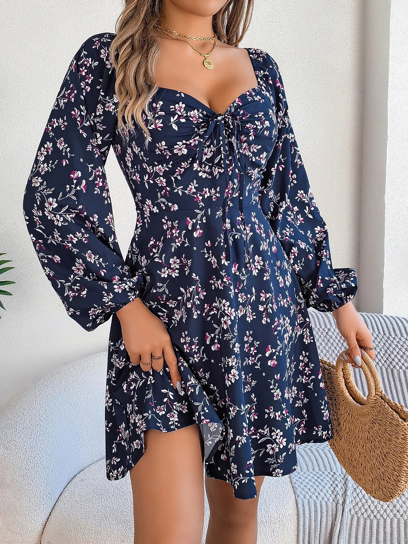 Floral Print Square Neck Dress With Long Sleeve Lace Up