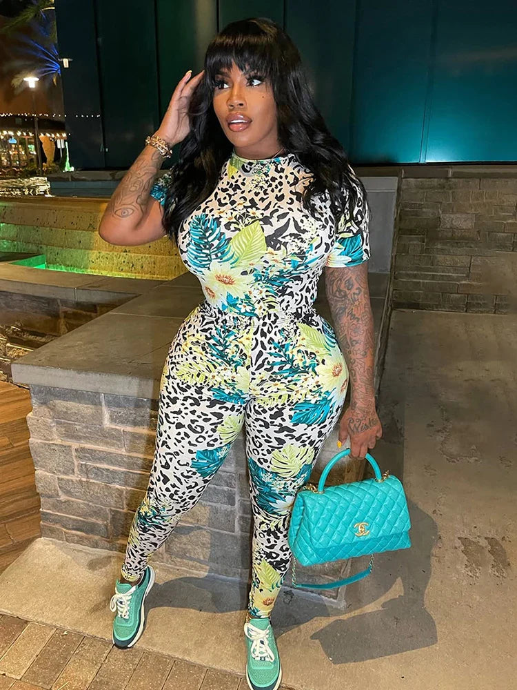 Weird Puss Colorful Print Women's Short Sleeve Skinny Jumpsuit Soft Stretch O-Neck Casual Summer Fitness Street Overalls