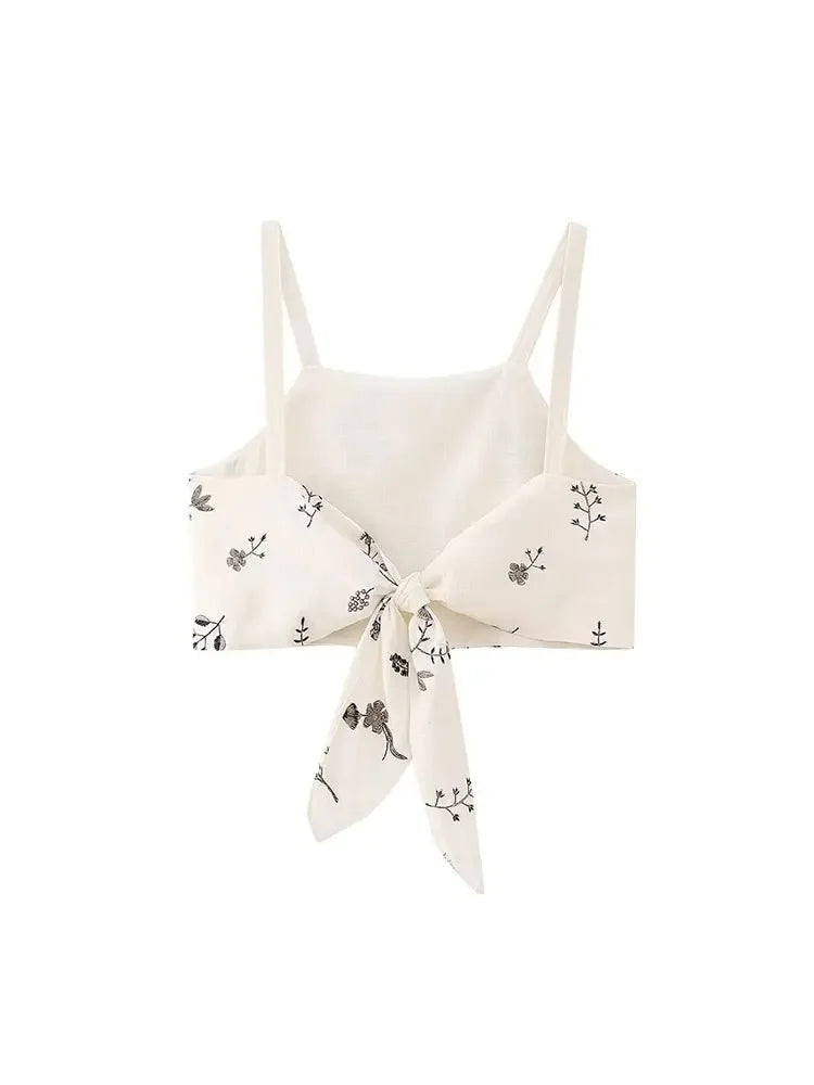 Summer Women Two Piece Set Embroidered Bowknot Short Sling Top with Elegant Midi Skirt Slim Fit Casual Fashion Outfit