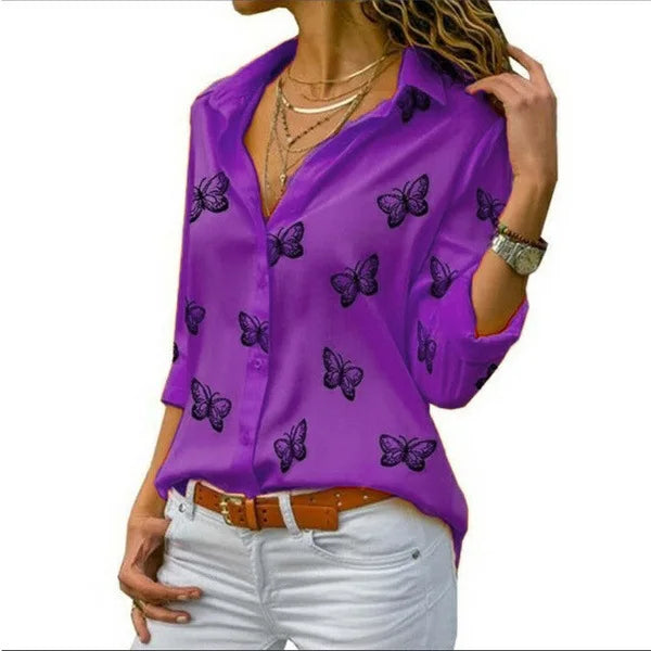 Elegant Women Butterfly Print Loose Fit Long Sleeve Blouse with Turn Down Collar Casual Oversized Office Shirt for Spring and Autumn