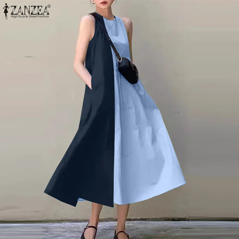 Women's Colorblock Sleeveless Midi Sundress With Pockets