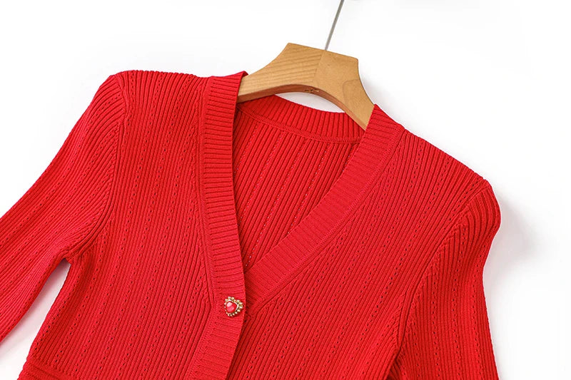 Knitted Long Sleeve V Neck Button Party Dress for Autumn