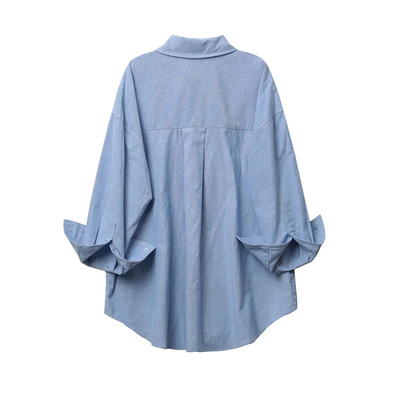 Women's Loose Fit Oxford Long Sleeve Shirt with Lapel Collar Elegant Vintage Blouse for Office and Fall Wear