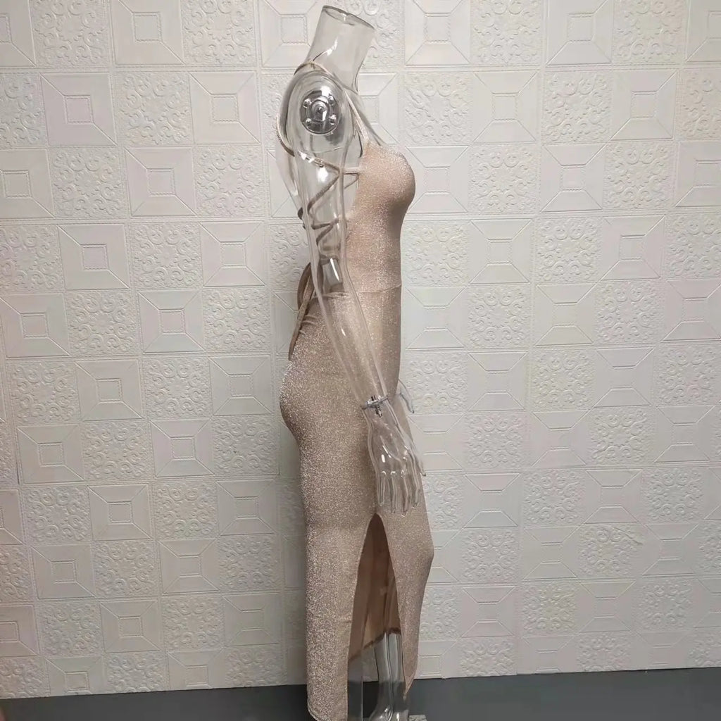 Backless Square Neck Wrap Dress With Slit In Solid Color