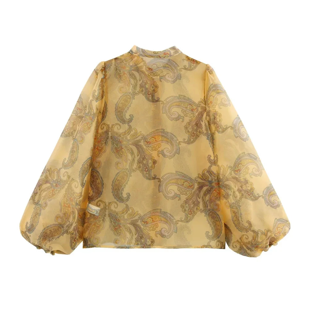 Womens Sheer Chiffon Blouse with High Neckline Puff Long Sleeves and Paisley Print Button Front Design