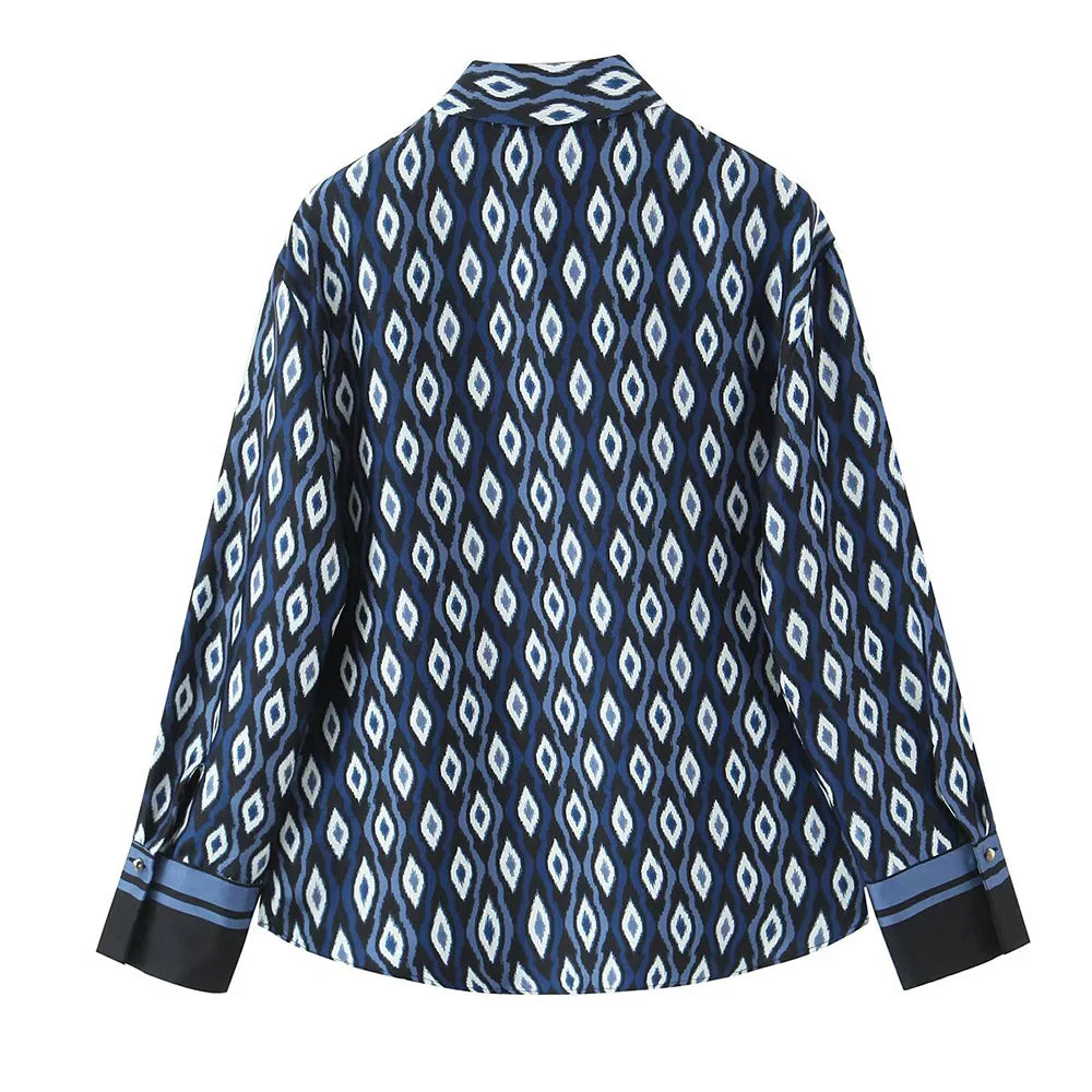 Women's Geometric Pattern Printed Shirt and Pants Set with Long Sleeve Top and Stylish Trousers