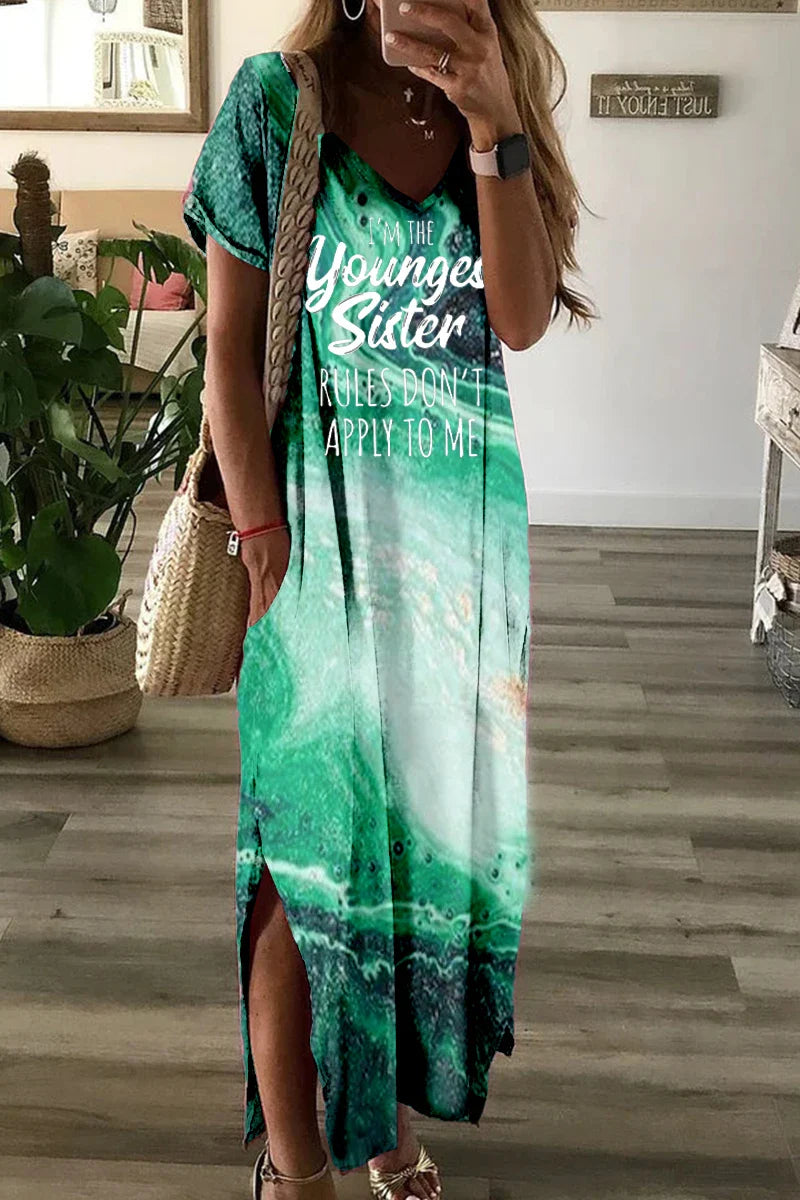 V Neck Short Sleeve Swing Dress For Women With Halo Print