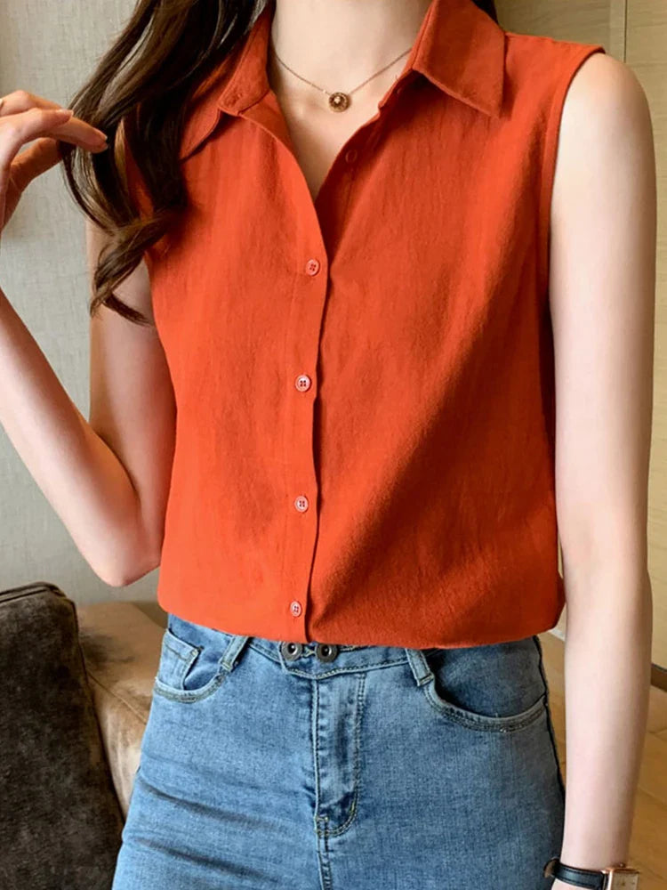 Sleeveless Turn-Down Collar Blouse for Women Elegant OL Style Workwear Shirt Lightweight Summer Top