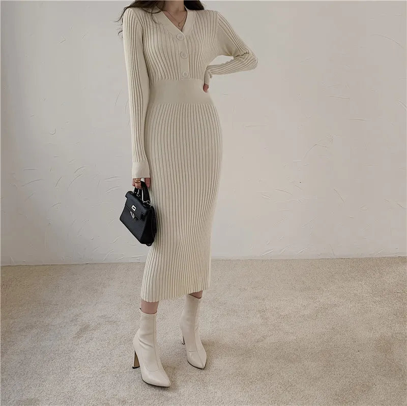 Knit Sweater Dress For Women V Neck Maxi With Buttons
