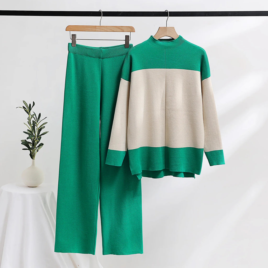 Spring Women Knitted Sweater Set Casual Pullover and Pant Outfit with Color Contrast Block Design