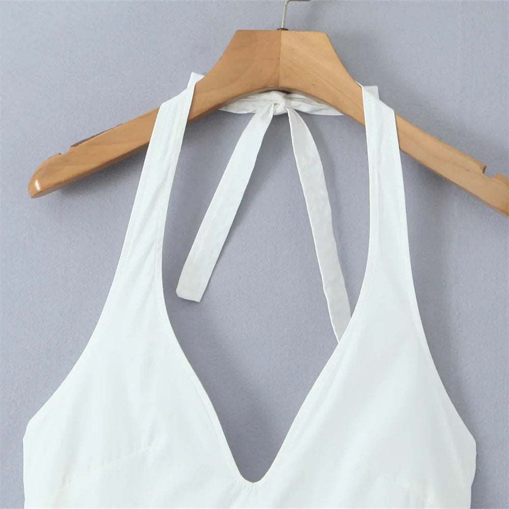 White Halter Neck Maxi Dress Sleeveless Open Back For Women