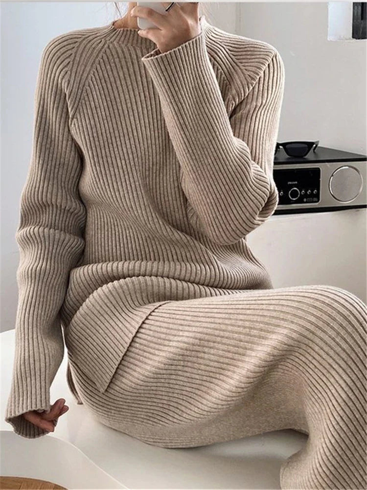 Cozy Knitted Two-Piece Women's Tracksuit Set Featuring Half Turtleneck Sweater and Wide Leg Jogging Pants for Autumn and Winter