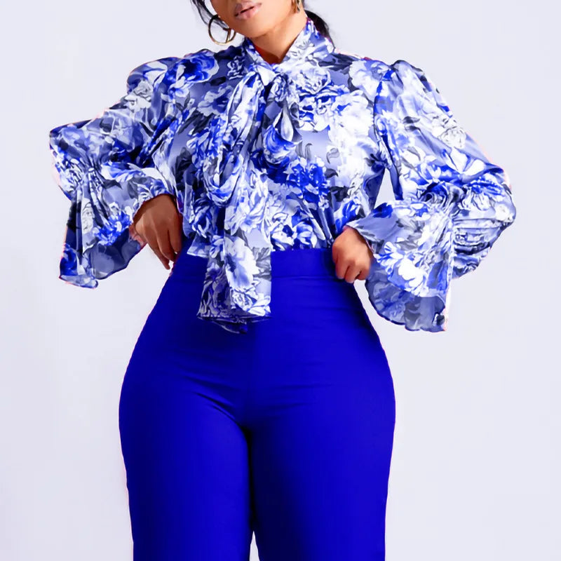 Elegant Full Sleeve Bow Collar Printed Blouse for Women Stylish Business Workwear Shirt Tops